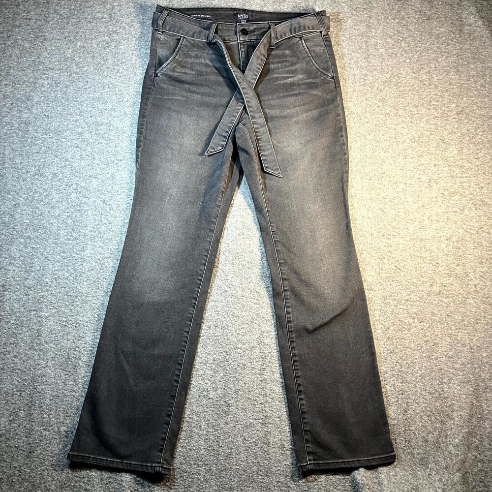 Nydj marilyn straight jeans 12P women black dark wash mid rise denim w/ Belt